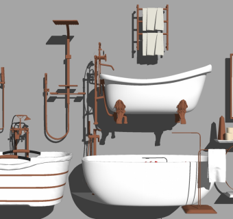 8欧式美式法式现代开放外露独立浴缸龙头简约智能淋浴花洒壁挂毛巾架轻奢装饰边柜SketchUpsu草图模型下载