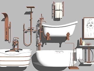 8欧式美式法式现代开放外露独立浴缸龙头简约智能淋浴花洒壁挂毛巾架轻奢装饰边柜SketchUpsu草图模型下载