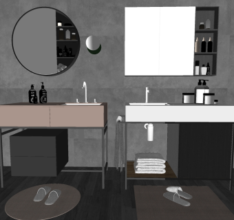18现代北欧工业风洗手台镜子镜柜卫浴用品剃须镜拖鞋毛巾SketchUpsu草图模型下载