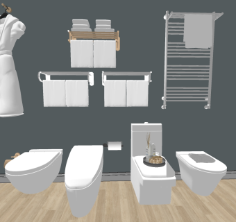 13现代北欧工业风马桶浴袍壁挂铁艺木质毛巾架卫生纸卫浴用品组合SketchUpsu草图模型下载