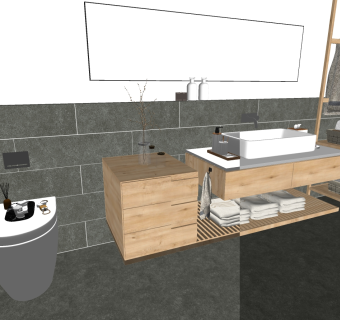 9民宿北欧田园新中式东南亚洗手台方形台上盆毛巾 镜子木质装饰架毛巾架藤编收纳筐卫浴用品SketchUpsu草图模型下载