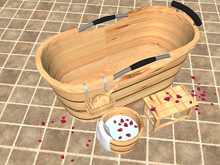 16田园东南亚木质浴缸木质洗脚盆木质水舀收纳盒木质凳花瓣SketchUpsu草图模型下载
