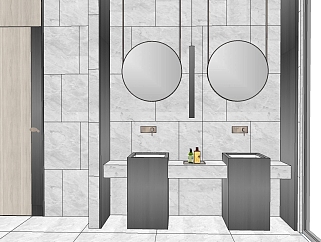 3现代北欧轻奢石材洗手台造型镜子镜前吊灯洗浴用品木制造型门壁挂龙头SketchUpsu草图模型下载