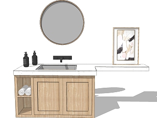 9现代北欧轻奢石材洗手台圆形镜子洗浴用品装饰画SketchUpsu草图模型下载