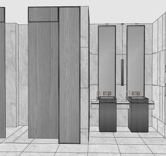 4现代北欧轻奢公共卫生间石材洗手台造型镜子镜前吊灯木制造型门蹲坑隔断壁挂龙头烘手器SketchUpsu草图模型下载