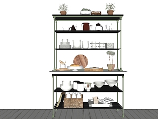 10现代厨房餐具架储物架盘子水壶su草图模型下载