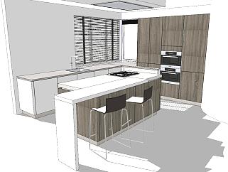 14现代北欧开敞式厨房中岛柜吧台吧椅su草图模型下载