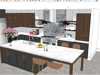 13现代北欧低奢开放式厨房吧台吧椅吊灯花艺水果盘su草图模型下载