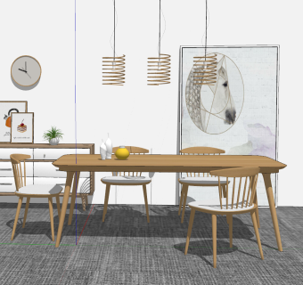 09现代北欧方形原木色餐桌椅餐边柜金属艺术吊灯艺术挂画石英钟花艺花瓶su草图模型下载