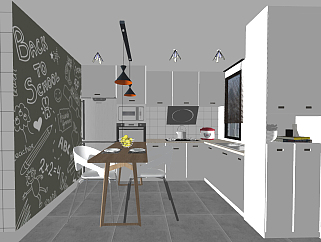12现代北欧开放厨房...<em>灶台</em>电饭煲厨房用品组合涂鸦黑板墙...