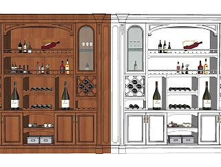 (47)欧式美式木制酒柜储物柜<em>红酒</em>组合su草图模型下载