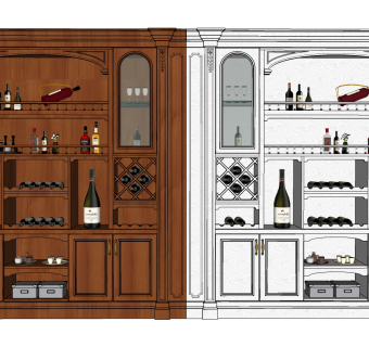 (47)欧式美式木制酒柜储物柜红酒组合su草图模型下载