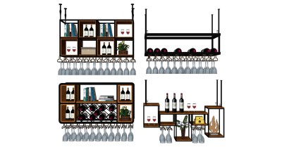 (77)现代金属酒架吊架红酒高脚杯洋酒su草图模型下载