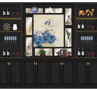(27)新中式欧式酒柜盘子摆件红酒酒杯su草图模型下载