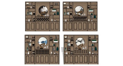 (31)新中式木制酒柜储物柜装饰柜雕塑摆件中式挂画su草图模型下载