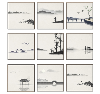 (7)现代新中式抽象水墨山水山脉装饰挂画su草图模型下载