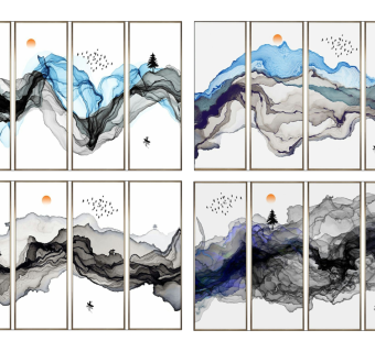 (13)新中式抽象水墨山水山脉装饰挂画su草图模型下载