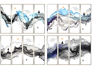 (13)新中式抽象水墨山水山脉装饰挂画su草图模型下载