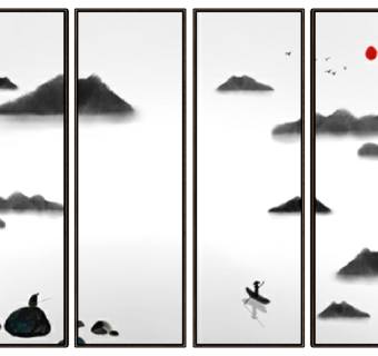 (3)新中式抽象山水屏风背景装饰挂画su草图模型下载