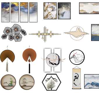 (23)新中式抽象挂画装饰挂画 扇面圆形段精华摆件挂饰su草图模型下载