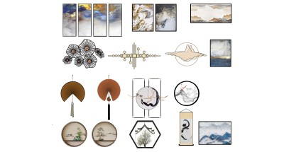(23)新中式抽象挂画装饰挂画 扇面圆形段精华摆件挂饰su草图模型下载