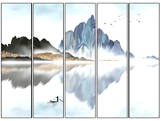 (4)新中式抽象山水屏风背景装饰挂画su草图模型下载