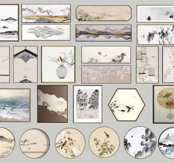 (6)新中式抽象山水屏风圆形花鸟山水背景装饰挂画su草图模型下载