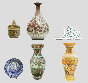 (20) 中式古董陶瓷花瓶盘子青花瓷茶叶罐茶壶茶杯su草图模型下载