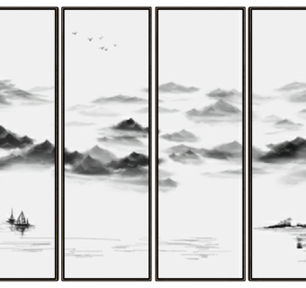 (22)新中式抽象山水山脉山形屏风背景装饰画挂画su草图模型下载