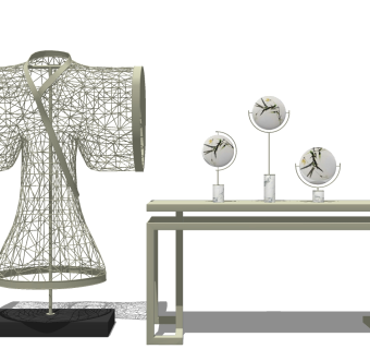(13) 新中式日式镂空网格金属服装摆台摆件条案su草图模型下载