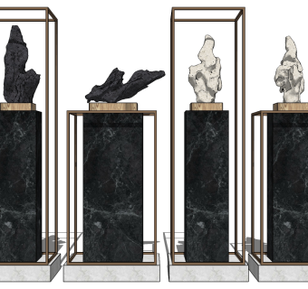 (20) 新中式太湖石石头雕塑摆台展台花架su草图模型下载