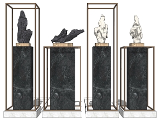 (20) 新中式太湖石石头雕塑摆台展台花架su草图模型下载