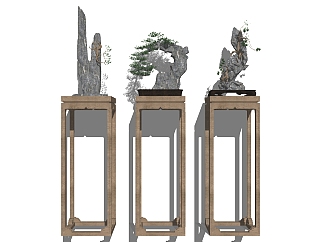 (19) 新中式太湖石石头雕塑摆台展台花架su草图模型下载