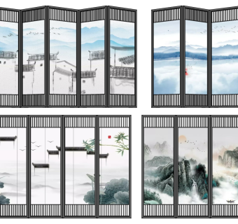 (3) 中式山水画屏风隔断su草图模型下载