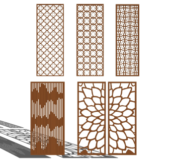 (1)新中式现代金属花瓣木花格屏风隔断su草图模型下载