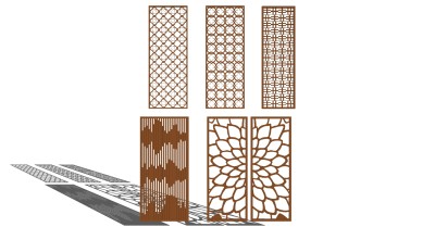 (1)新中式现代金属花瓣木花格屏风隔断su草图模型下载