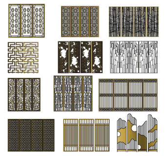 (5)新中式现代金属木花格屏风隔断su草图模型下载