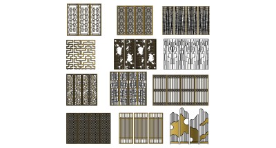 (5)新中式现代金属木花格屏风隔断su草图模型下载