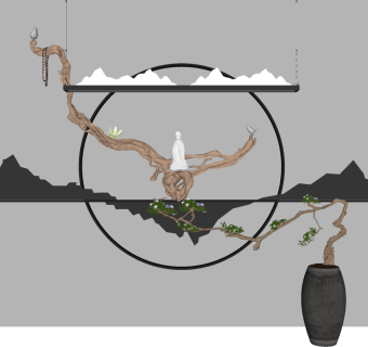 (2) 圆形玄关北京山形山脉形状干枝根雕摆件吊灯陶罐落地灯su草图模型下载