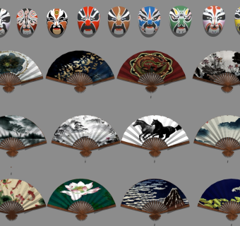 (15) 新中式床头背景墙扇面扇子戏曲脸谱墙饰挂饰挂件su草图模型下载