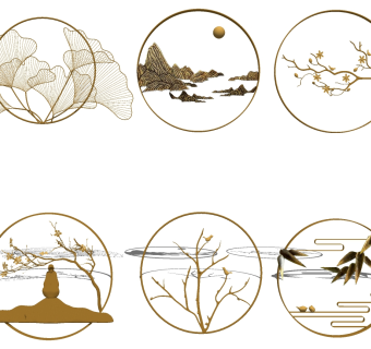 (19) 新中式床头背景墙金属银杏叶树枝墙饰挂饰挂件su草图模型下载