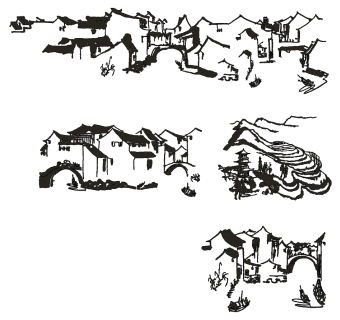 (21)新中式铁艺徽派建筑镂空浮雕山水造型铁艺床头背景墙金属墙饰挂饰挂件su草图模型下载