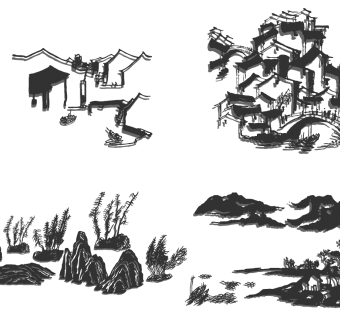 (20)新中式徽派建筑山水铁艺雕刻床头背景墙金属墙饰挂饰挂件su草图模型下载