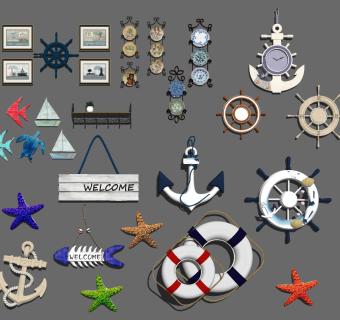 (7)地中海儿童房救生圈船锚船桨铁艺盘子鱼骨石英钟挂钟挂画墙饰挂饰挂件su草图模型下载