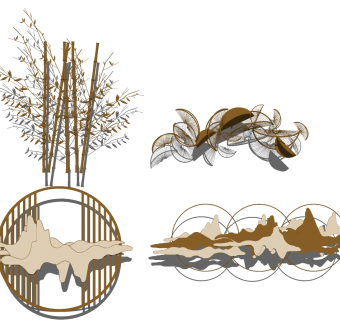 (24)新中式床头背景墙金属墙饰挂饰挂件su草图模型下载