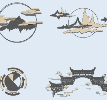 (19)新中式床头背景墙金属山脉山形古建筑牌楼祥云墙饰挂饰挂件su草图模型下载