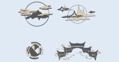 (19)新中式床头背景墙金属山脉山形古建筑牌楼祥云墙饰挂饰挂件su草图模型下载