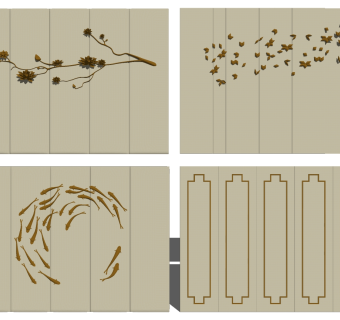 (21)新中式床头背景墙金属小鱼鱼群梅花树枝墙饰挂饰挂件su草图模型下载