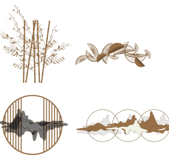 (25)新中式床头背景墙金属墙饰挂饰挂件su草图模型下载