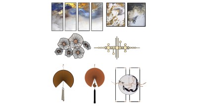 (23)新中式床头背景墙金属墙饰挂饰挂件装饰挂画扇子su草图模型下载